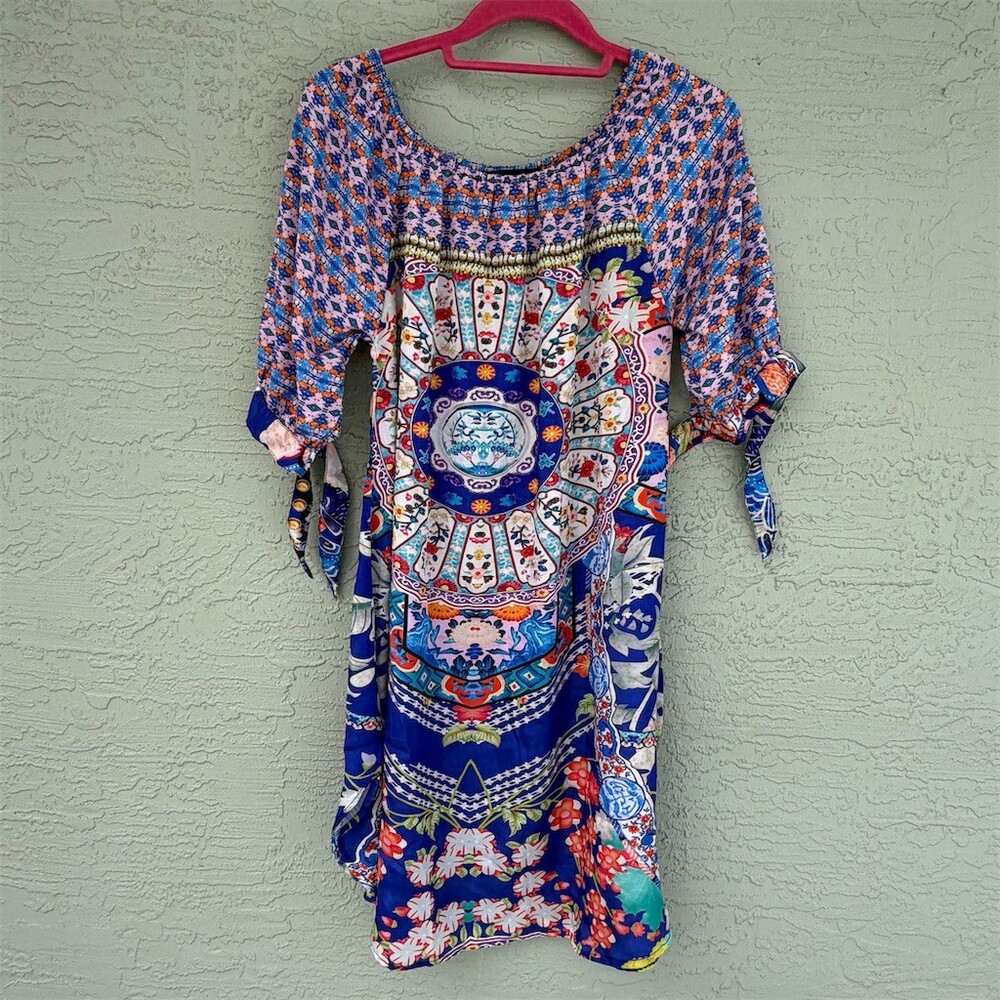Boston Proper Tunic Dress Womens Size S Blue Medallion Boho Tie Sleeves